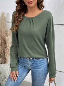 SHEIN VCAY Button Back Drop Shoulder Tee - Green - View 1