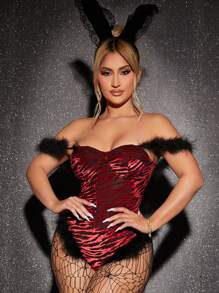 SHEIN SXY 一字肩毛茸邊絲絨連身背心 - 彩色 - 查看 3