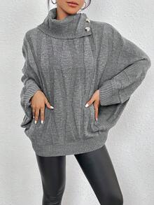 SHEIN Frenchy Turtleneck Batwing Sleeve Button Detail Sweater - Grey - View 4