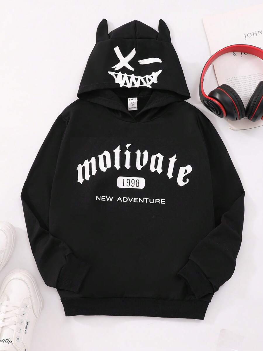 青少年男孩字母图案 3D 耳朵设计卫衣 - 黑色 - 查看 1