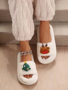 Của phụ nữ Đế dày Phim hoạt hình dễ thương Giáng sinh Dép đi trong nhà Với Lông Chi tiết - Màu be - Xem 4