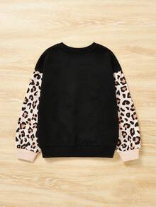SHEIN Tween女孩織花撞色圓領休閒心形和豹紋印花運動連帽衫 - 黑色 - 查看 2