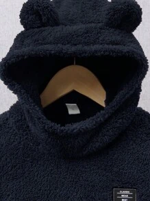 SHEIN 青少年男孩休闲贴布羊毛连帽运动衫和慢跑裤两件套 - 藏蓝色 - 查看 4