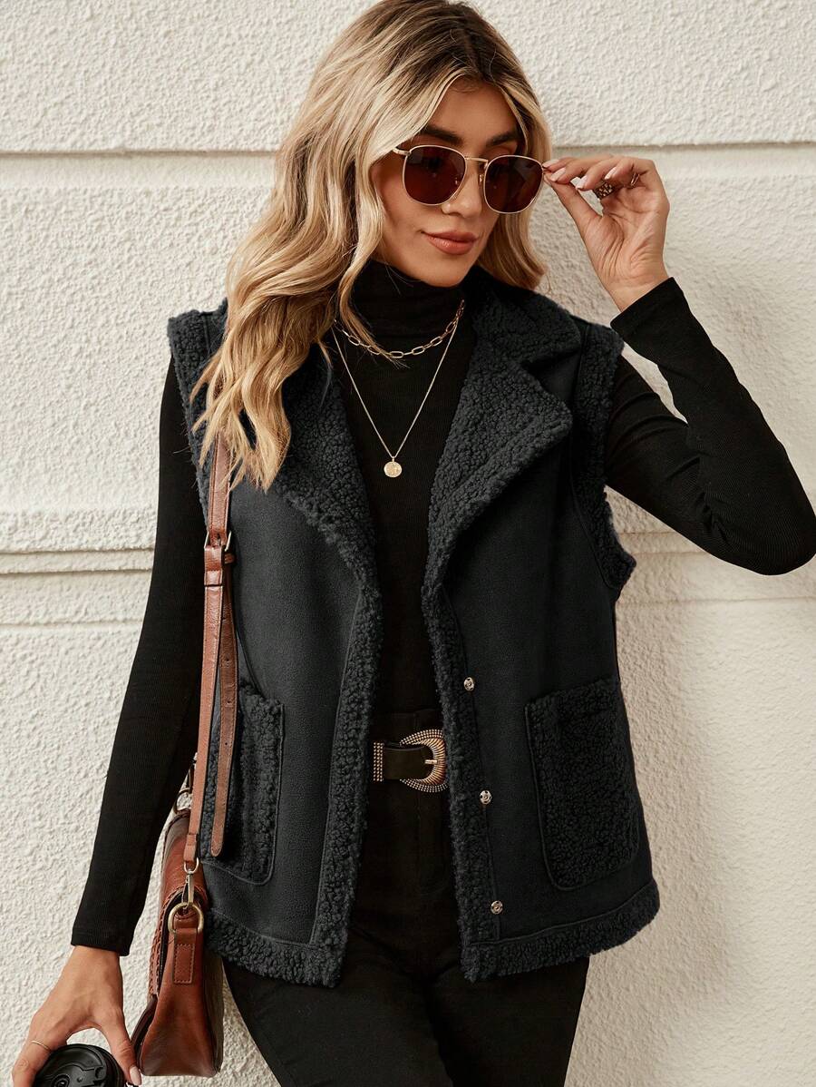 SHEIN LUNE Dual Pocket Teddy Lined Vest Jacket In Fall/Winter - Black - View 1