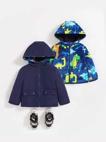 SHEIN Baby Boy 1pc Double Face Flap Pocket Hooded Double Face Reversible Coat - Navy Blue - View 1