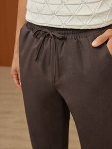 GENTILAND 男士素色腰部抽繩長褲 - 棕色 - 查看 6