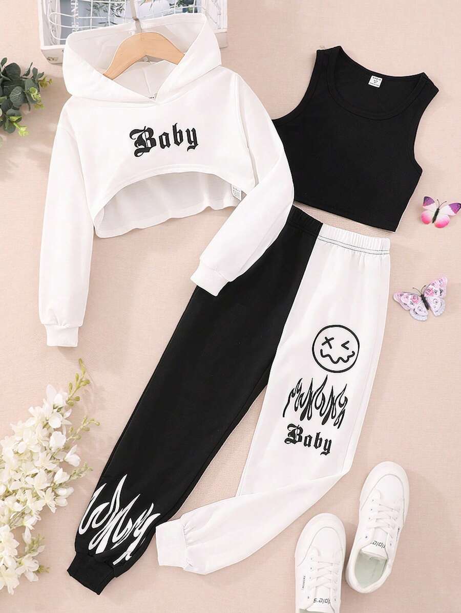 Cô gái Đồ họa Chữ cái Crop Tank Top & Hoodie & Hai âm Quần thể thao - Đen và trắng - Xem 1