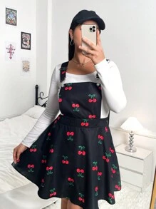 Flirla 大碼櫻桃圖案背帶洋裝不帶T恤 - 黑色 - 查看 5