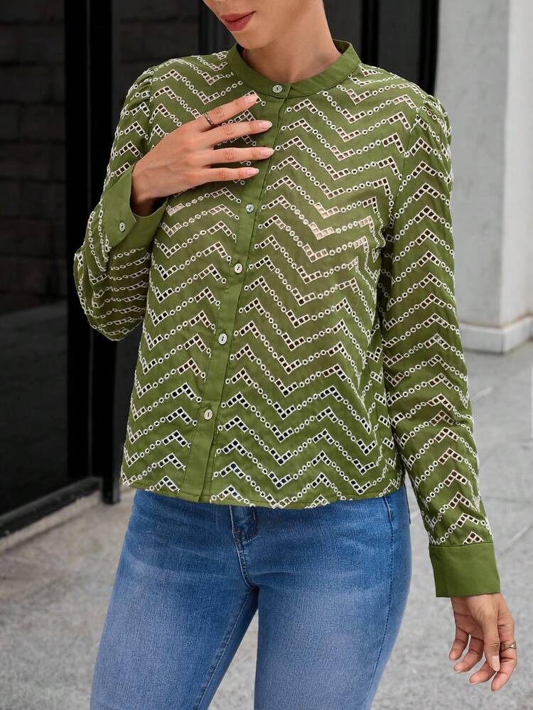 Print Button Front Blouse Fall Cloth For Women