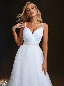 亮片装饰网纱正式礼服 白色优雅婚纱新娘礼服，春季新娘 - 白色 - 查看 6