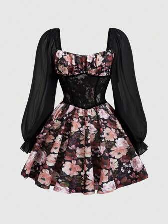 Anis Illustration Vestido elegante de manga larga con estampado floral, encaje de contraste y estilo floral moderno, ideal para vacaciones, fiestas, cumpleaños, conciertos, bailes de graduación, ropa occidental, primavera, festivales y atuendos de raves.