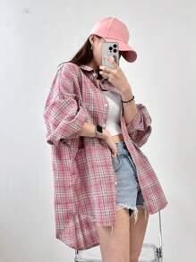 DAZY Plaid Print Drop Shoulder Shirt,Long Sleeve Tops,Back To School Clothes,Flannels Women - Pink - View 1