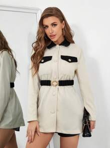 SHEIN Privé Contrast Collar Flap Pocket Overcoat Without Belt - Khaki - View 4