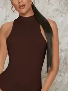 SHEIN BAE Ribbed Mock Neck Sleeveless Bodysuit - Coffee Brown - View 4