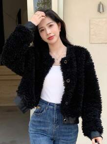 DAZY Solid Button Front Teddy Bomber Jacket - Black - View 3