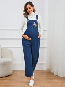 SHEIN 孕婦1入組花卉刺繡牛仔背帶褲 - 中等水洗藍 - 查看 3