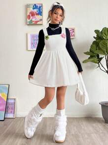 SHEIN MOD Appliques Detail Overall Dress Without Tee - White - View 4