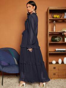 SHEIN VCAY Ruffle Trim Belted Ruffle Hem Dress - Navy Blue - View 2