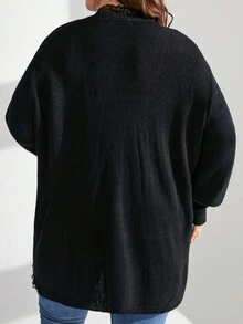 SHEIN LUNE Plus Contrast Lace Batwing Sleeve Duster Cardigan - Black - View 2