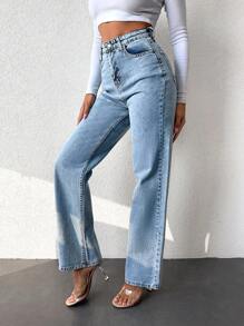 SHEIN Cottnline High Waist Straight Leg Jeans - Light Wash - View 5