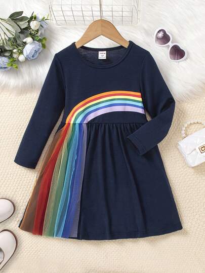 SHEIN Young Girl Rainbow Striped Print Mesh Trim Dress