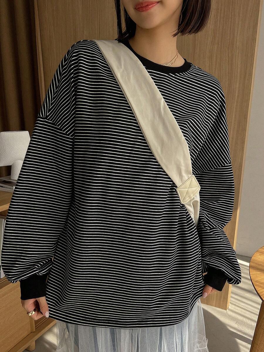 FRIFUL 條紋印花落肩袖運動衫 - 黑色 - 查看 1