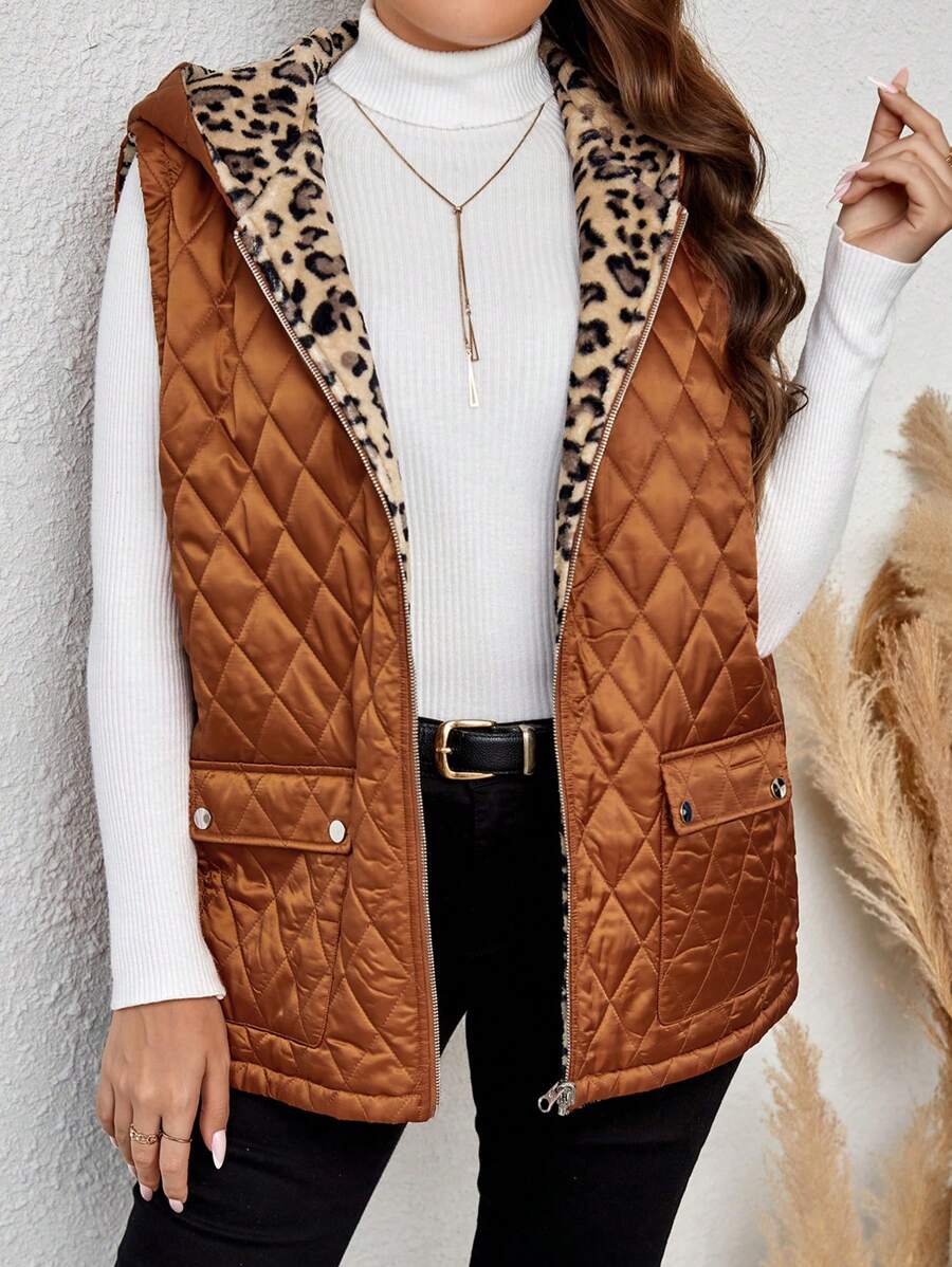 EMERY ROSE Hơn In hoa Báo Túi có nắp áo có mũ Áo khoác vest quilted - màu nâu - Xem 1