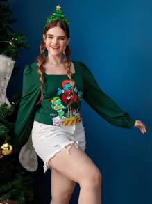 SHEIN X The Smurfs Plus Christmas Print Square Neck Lantern Sleeve Blouse - Green - View 5
