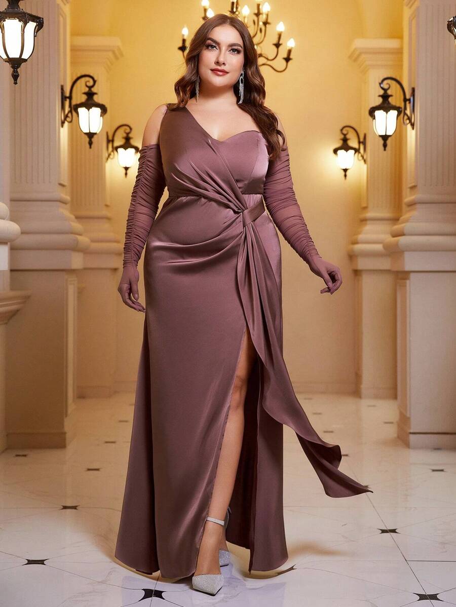 SHEIN Belle 大碼不對稱領前扭結高衩緞面正式洋裝 - 藕粉色 - 查看 1