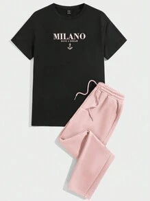 GENTILAND Nam Đồ họa Chữ cái Áo thun & Eo dây rút Quần - Hồng - Xem 5