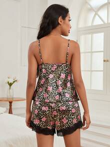 Leopard & Floral Print Contrast Lace Satin PJ Set - Multicolor - View 2