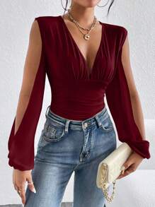 SHEIN Privé Plunging Neck Cut Out Lantern Sleeve Ruched Bodysuit - Burgundy - View 8