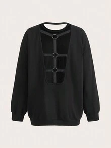ROMWE PUNK Skull & Floral Print Drop Shoulder Sweatshirt - Black - View 2