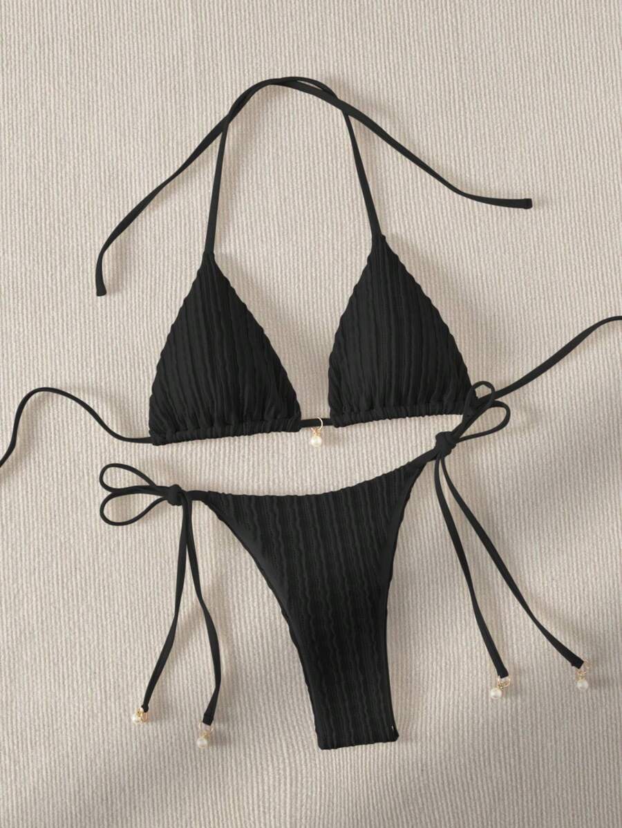 SHEIN Swim Summer Beach Faux Pearl Decor Halter Triangle Bikini Set - Black - View 1