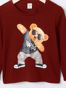 SHEIN 年輕男孩卡通圖案T恤 - 酒紅色 - 查看 3