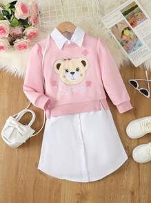 SHEIN 女小童熊&字母刺繡下擺開叉套頭衫和襯衫洋裝 - 彩色 - 查看 1