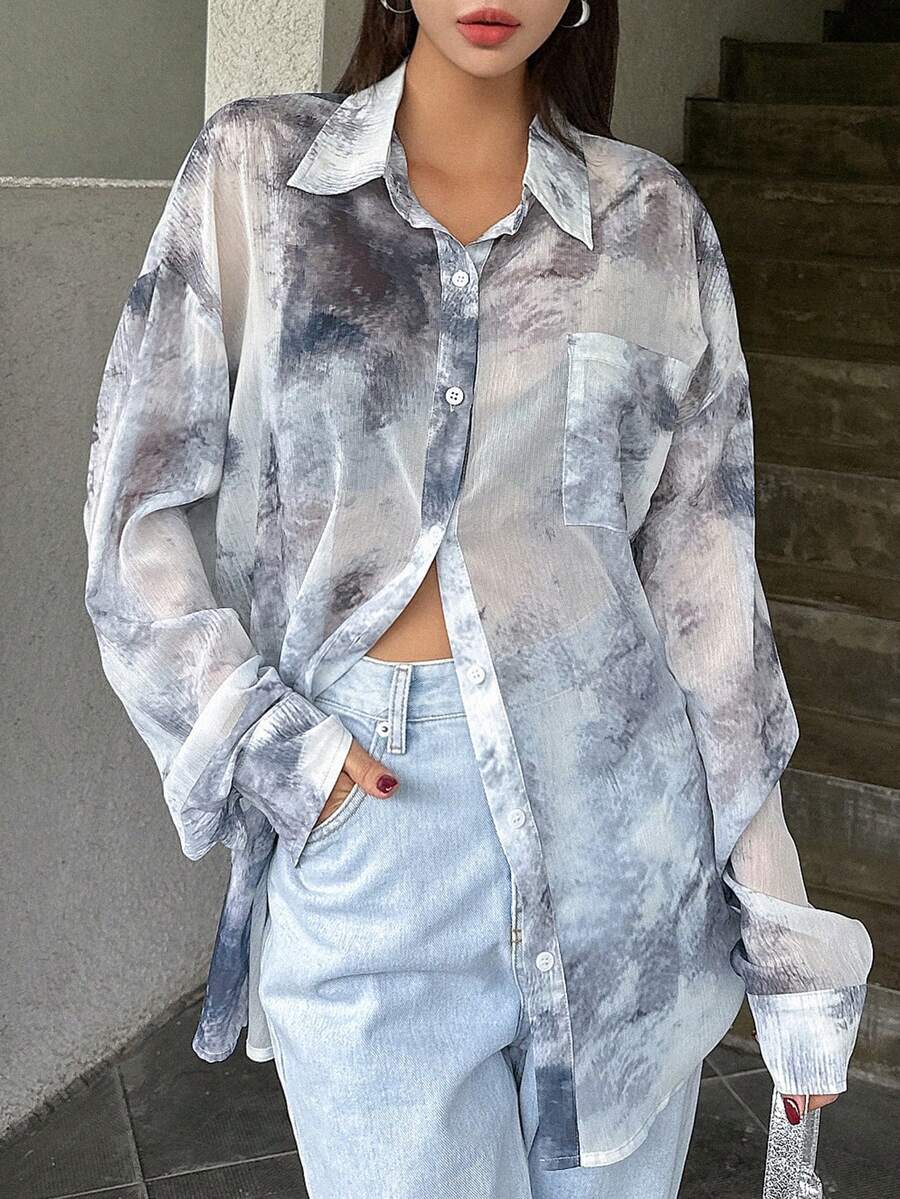DAZY Tie Dye Drop Shoulder Shirt - Dusty Blue - View 1