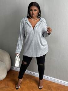 Slaydiva 2024 New Thanksgiving Women Clothes , Women Solid Color Drop Shoulder Long Sleeve Zip Half Placket Casual Hooded Tee - Grey - View 3