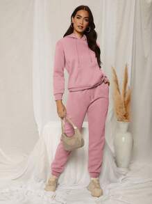SHEIN SXY Drop Shoulder Drawstring Thermal Lined Hoodie & Sweatpants - Pink - View 1