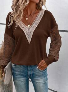 SHEIN LUNE Contrast Guipure Lace Drop Shoulder Sweatshirt - Brown - View 1
