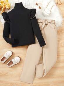 SHEIN Tween Girl Ruffle Trim High Neck Tee & Paperbag Waist Belted Pants - Black - View 4