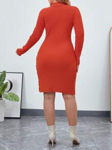 SHEIN Essnce Plus Polo Neck Ribbed Knit Bodycon Sweater Dress - Red - View 2