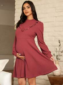 SHEIN 孕婦褶邊燈籠袖洋裝 - 紅色 - 查看 3