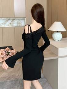 DAZY Solid Asymmetrical Neck Lace Trim Bodycon Dress,Casual Women Dresses,Fall Dress - Black - View 2