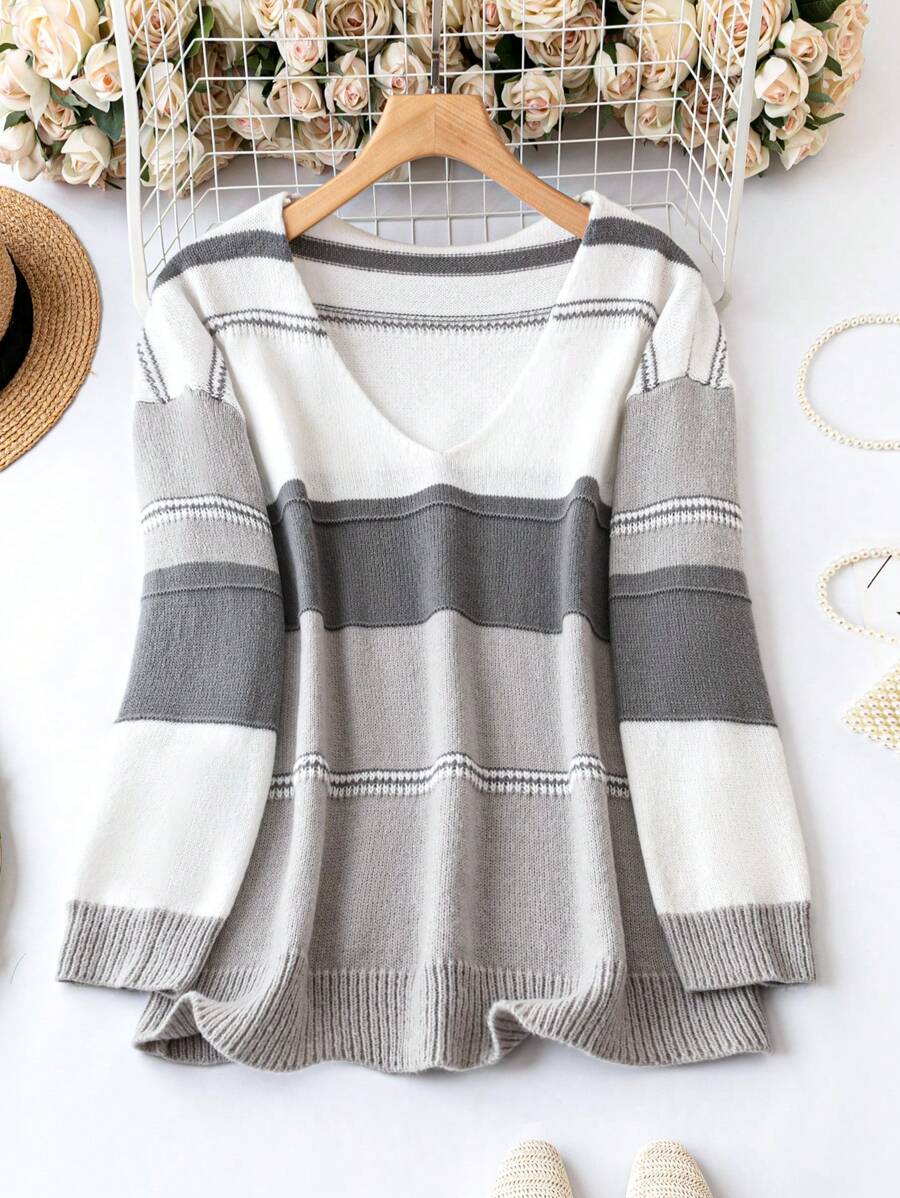 SHEIN LUNE Plus Color Block Drop Shoulder Sweater Knit Pullover Fall Winter Autumn Sweater - Multicolor - View 1