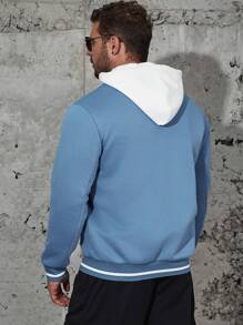 Manfinity Homme Men Plus Letter Patched Striped Trim Bomber Jacket Without Hoodie - Blue - View 5