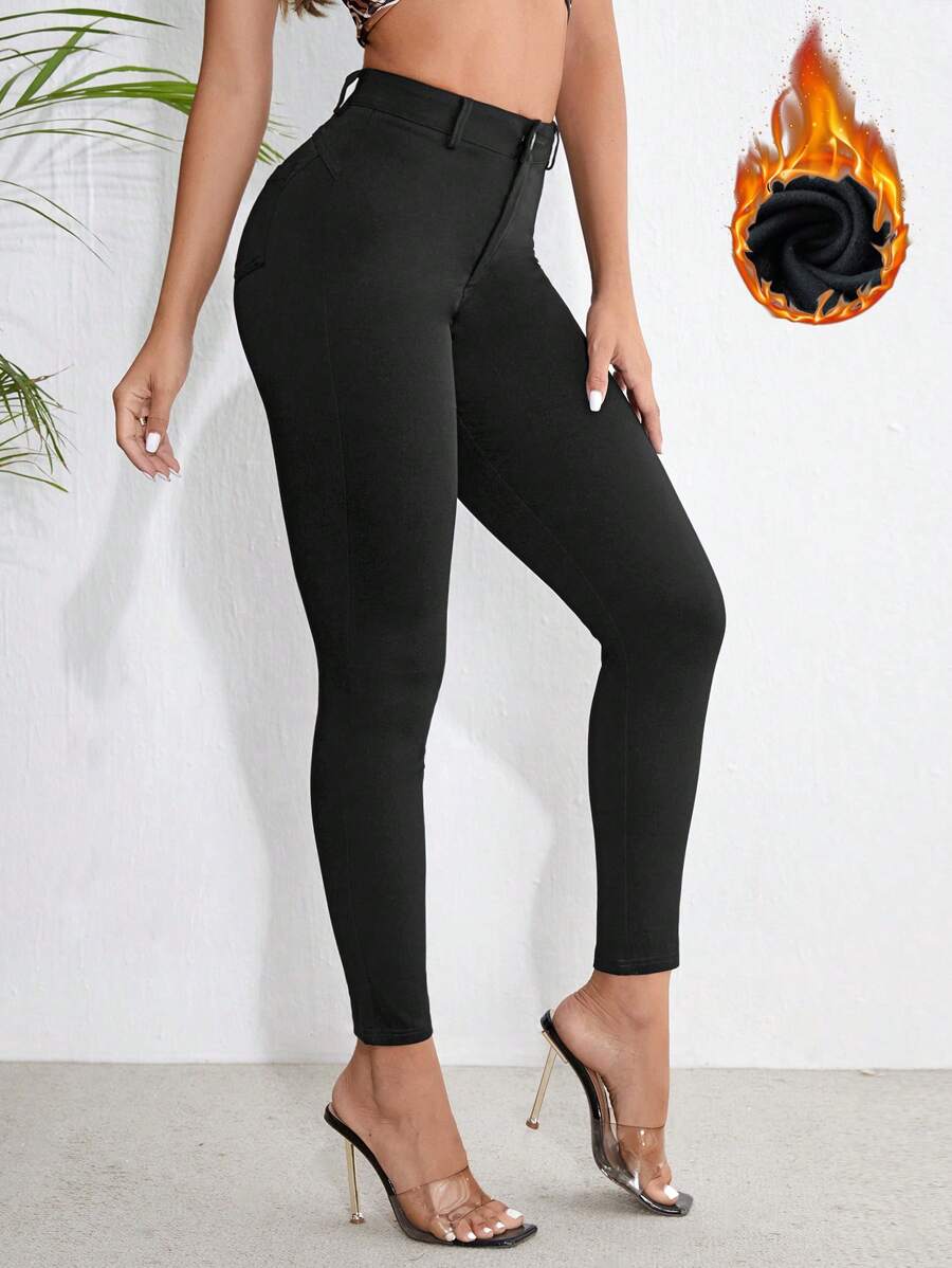 SHEIN SXY Đã chải Chất vải Nhiệt Cao eo Quần jean ôm - màu đen - Xem 1