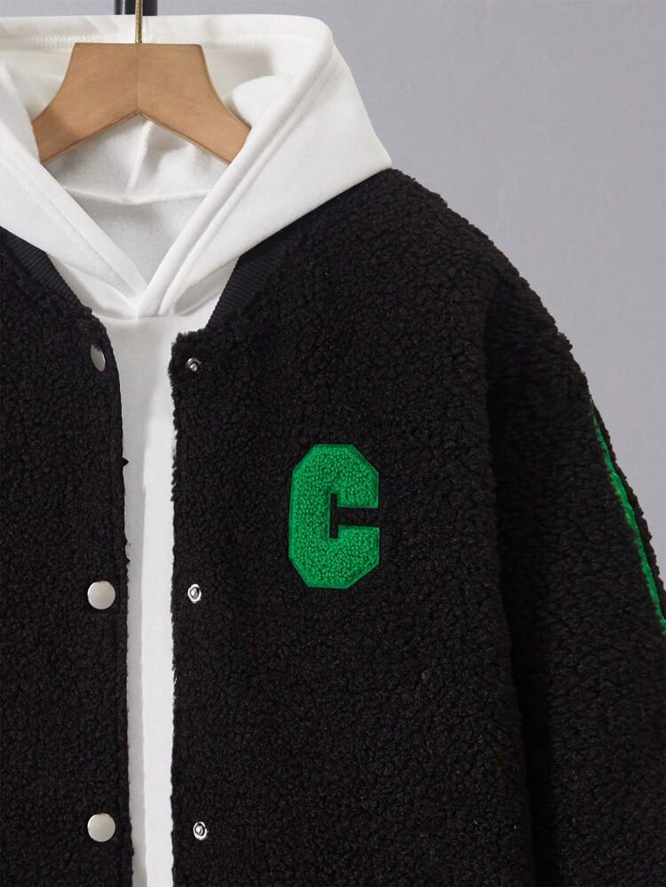 Tween Boy Letter Patched Fleece Jacket Without Hoodie