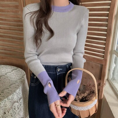 컬러블록 엄지구멍 높은 탄성 맞춤형 라운드 넥 여성 스웨터
