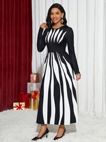 SHEIN Lady Colorblock Hidden Pocket Dress - Black and White - View 5